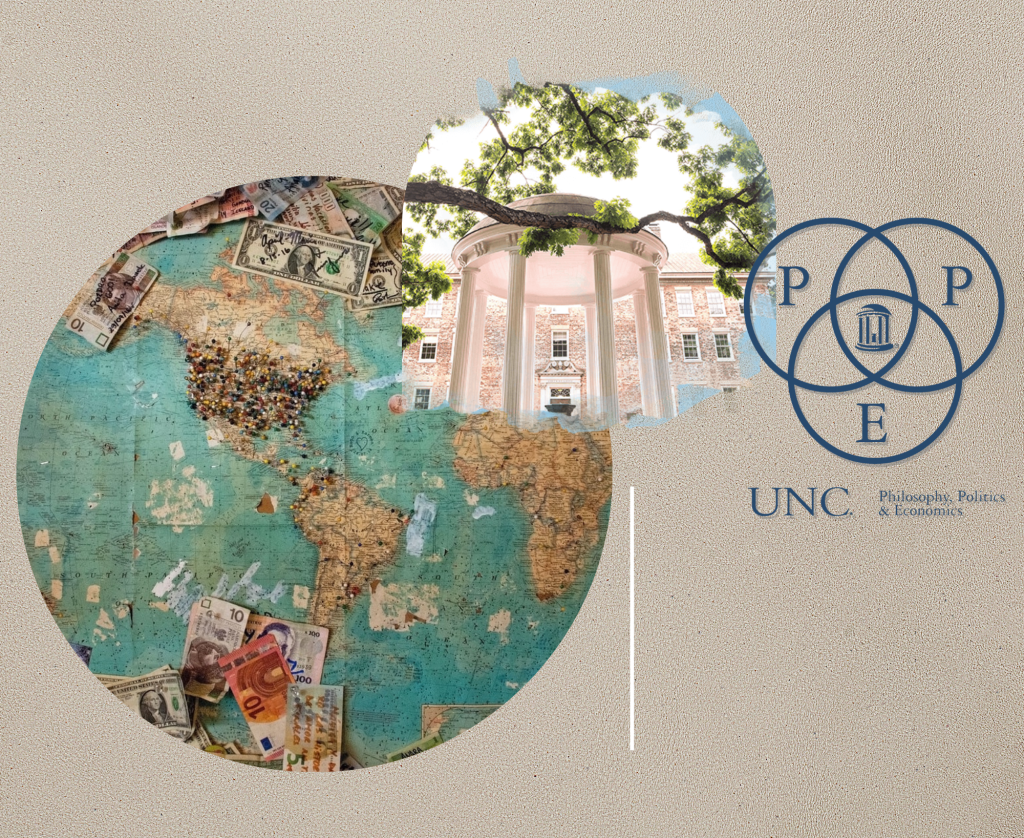 The PPE logo in a collage with an image of the globe and the Old Well at UNC